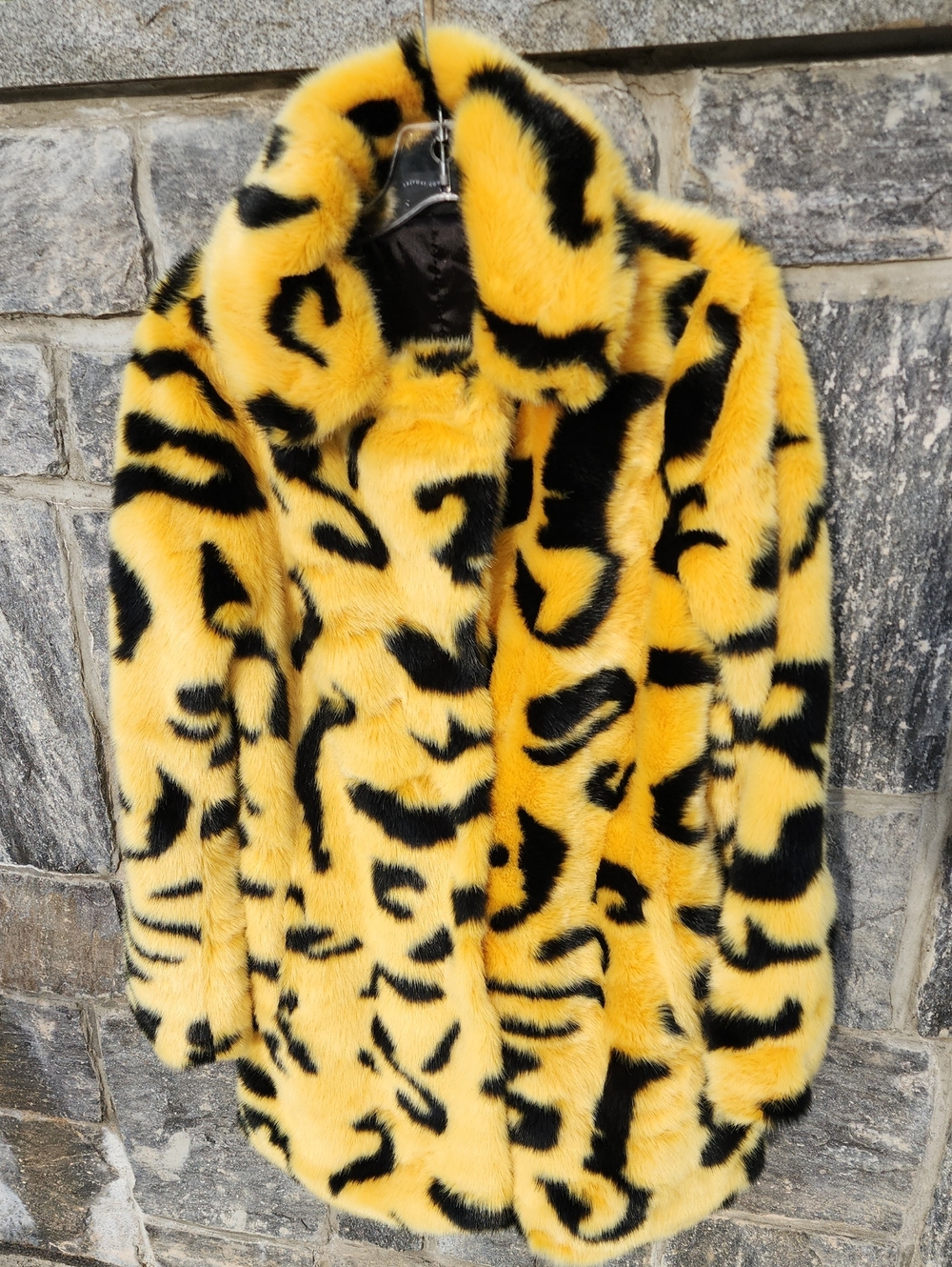 Lazy Oaf Yellow & Black Faux Fur Animal Print Coat Size Small